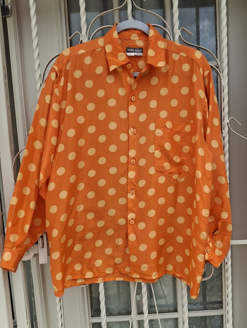 NAF NAF Paris Silk Orange with Beige Polka-Dots Button-Up Blouse Size X-Large - Picture 3 of 16